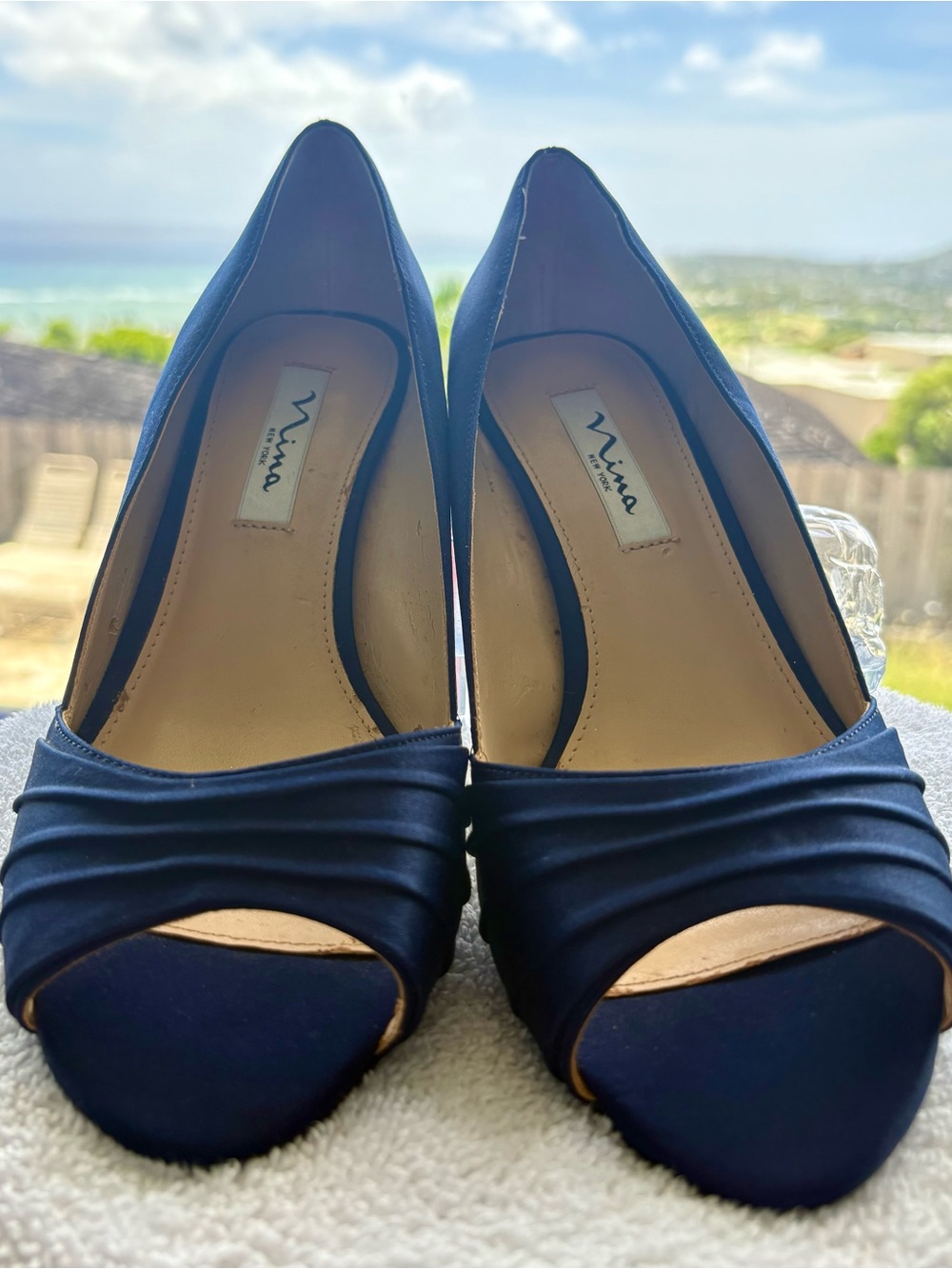 Nina New York Navy blue Satin Peep-Toe Heels with Ruched Detail, 8.5m